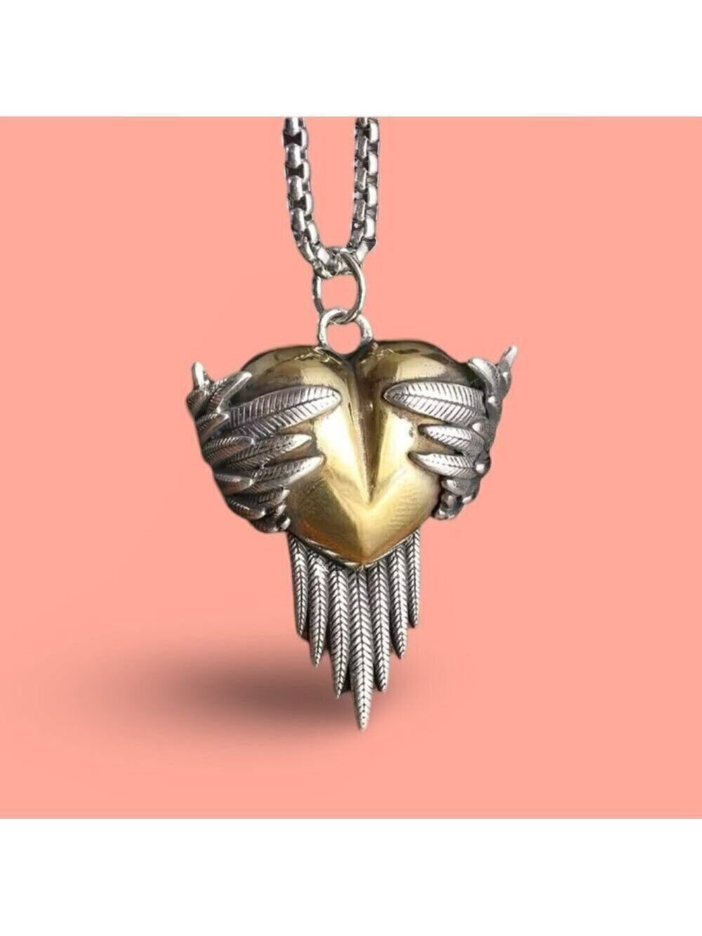 Heart and Wings Two Tone Heavy Pendant and Necklace #1430